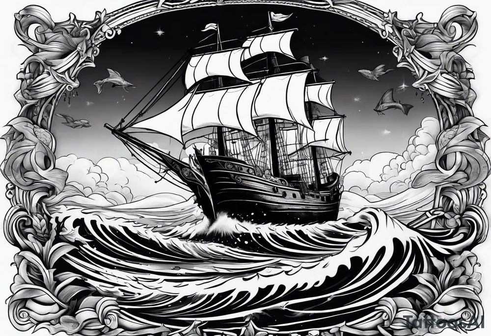 A sale ship sinking with two mermaids, either side, one which is trying to save the boat and one which is trying to help sink it tattoo idea