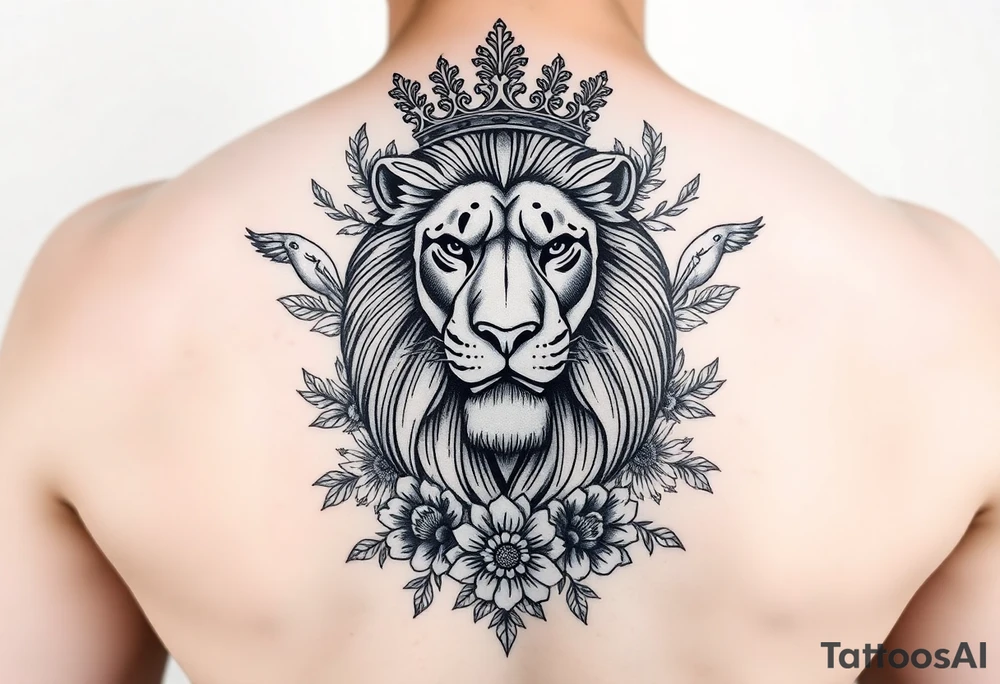 powerful majestic lion with a crown, surrounded by floral ornaments and birds tattoo idea