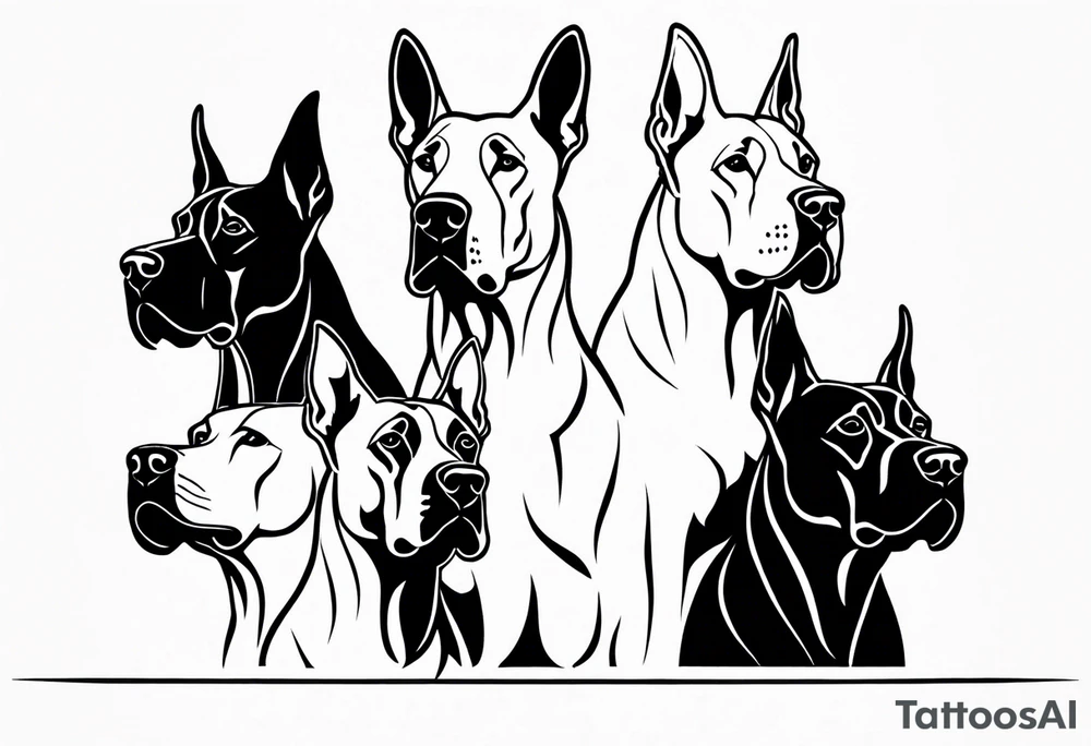Arm sleeve that has 4 separate small Great Dane heads mixed in with other fill work that resembles the outdoors tattoo idea