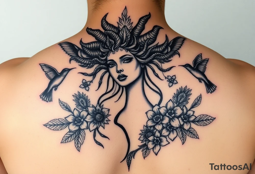 feminine medusa surrounded by hummingbirds and flowers tattoo idea
