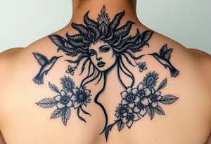 feminine medusa surrounded by hummingbirds and flowers tattoo idea