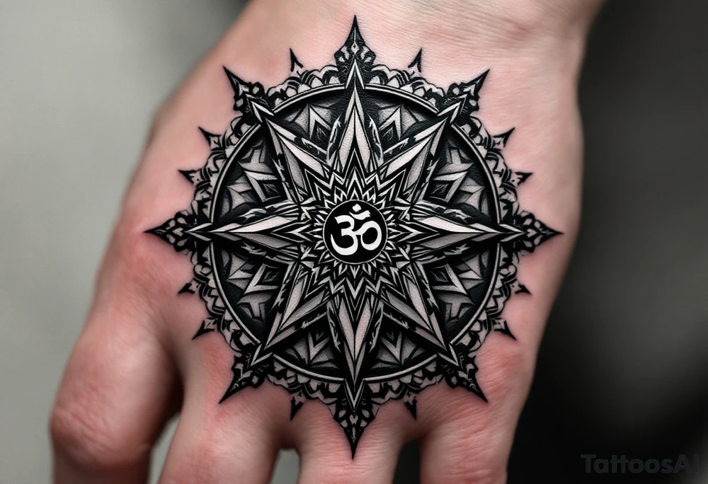 8 point wheel of Dharmachakra with an ohm symbol in the middle tattoo idea