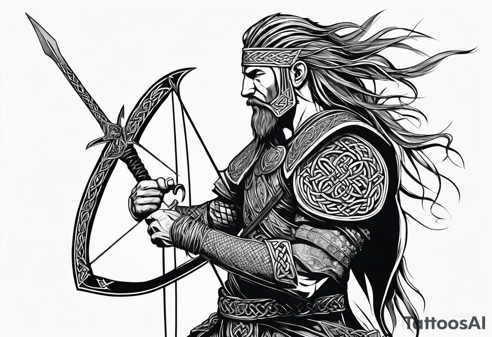 Full body side profile shot of a Celtic warrior with weapons, facing from left to right tattoo idea