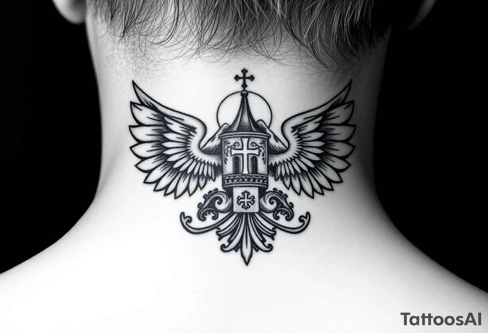 russian coat of arms with both heads visible & wings with an orthodox christian church being visible in a mountainous sun beaming setting, with the russian orthodox cross spire of the orthodox church being visible with a sun beaming in the background that the cross sits inside tattoo idea