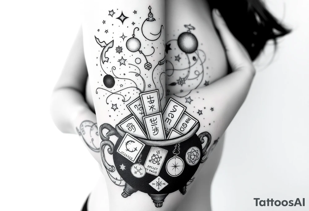 Milky way galaxy filled with zodiac symbols runes tarot cards coming out of a cauldron tattoo idea