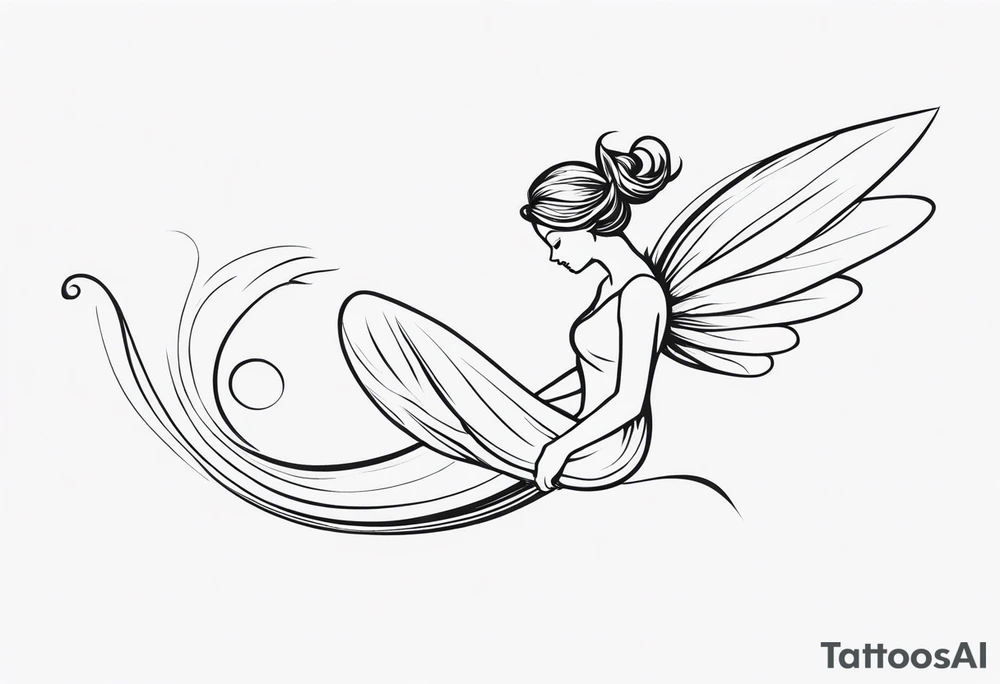 Minimalistic, monochromatic fairy with a tail flying to the left in a fetal position, leaning and looking in the same direction, with visible hands, embodying the 'Fairy Tail' logo aesthetic. tattoo idea