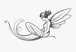 Minimalistic, monochromatic fairy with a tail flying to the left in a fetal position, leaning and looking in the same direction, with visible hands, embodying the 'Fairy Tail' logo aesthetic. tattoo idea