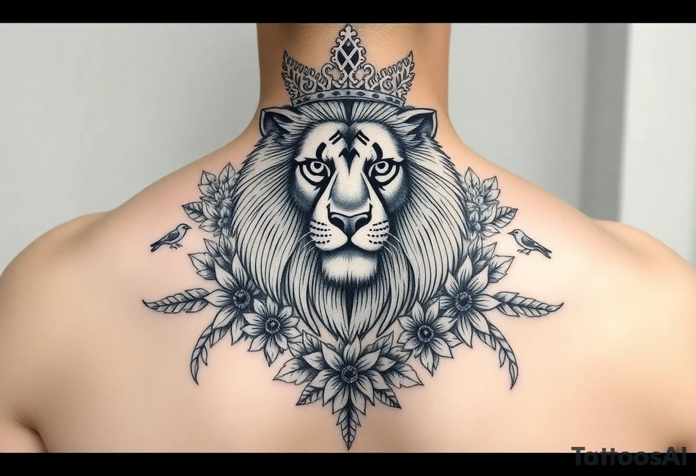powerful majestic lion with a crown, surrounded by floral ornaments and birds tattoo idea