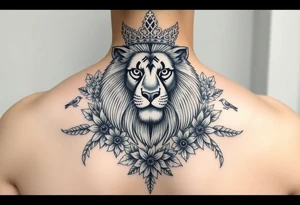 powerful majestic lion with a crown, surrounded by floral ornaments and birds tattoo idea