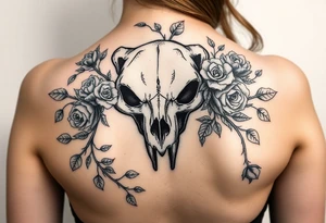 gothic polar bear skull intertwined with climbing roses and thorny vines tattoo idea