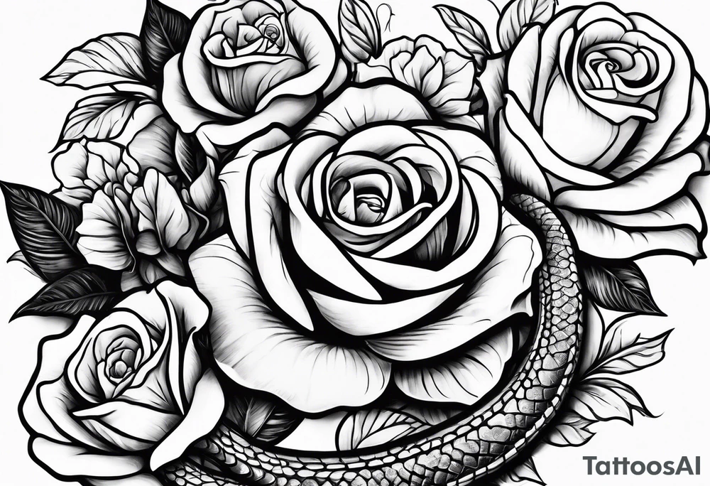 snake and 4 roses tattoo idea