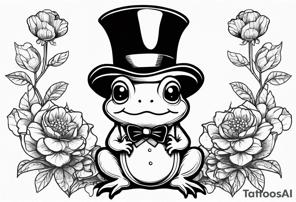 Cute toad wearing top hat and a suit standing on its Back legs while holding flowers tattoo idea