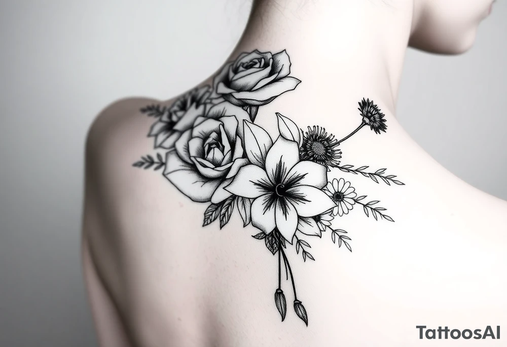 3d realistic Bouquet of flowers with a Carnation, a rose, a lily, a larksper, and a aster flowers. tattoo idea