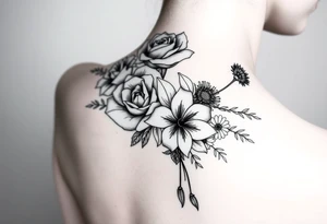 3d realistic Bouquet of flowers with a Carnation, a rose, a lily, a larksper, and a aster flowers. tattoo idea