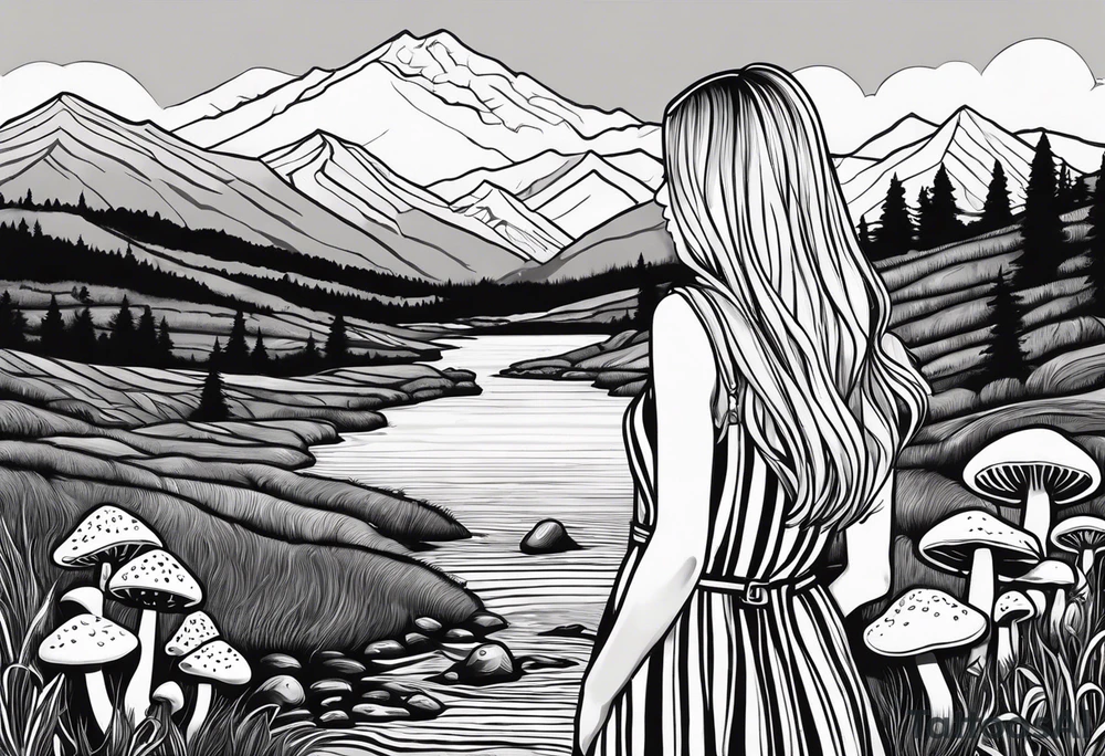 Straight long blonde hair hippie girl in distance holding mushrooms in hand facing away toward mountains and creek surrounded by mushrooms black and white striped dress tattoo idea