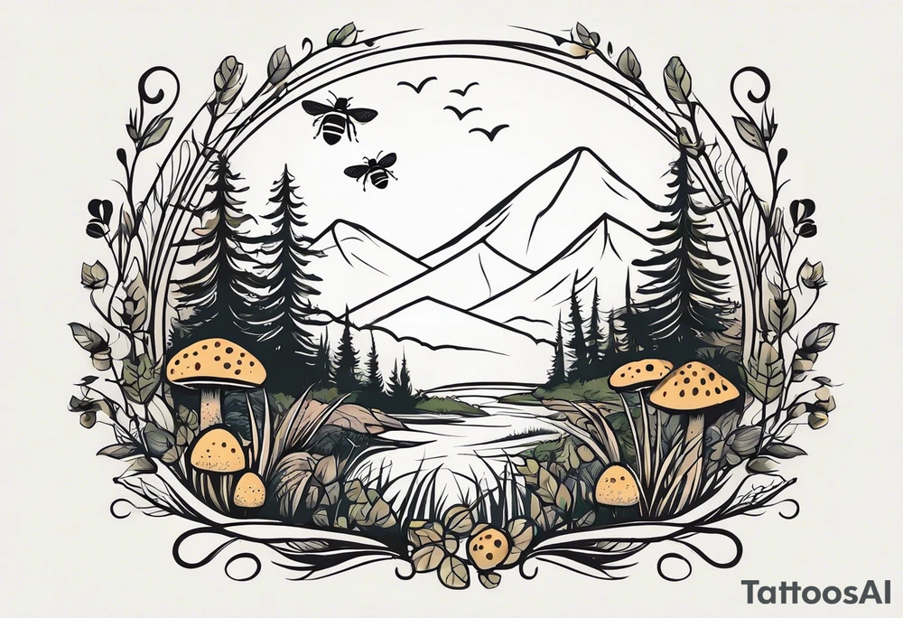 forest floor inspired minimalist tattoo, which includes grass, curly ferns, moss and dead leaves as the bulk of the tattoo. details to include: forest berries, a tiny bumblebee flying nearby, three small brown mushrooms
Generate a vertically long one tattoo idea