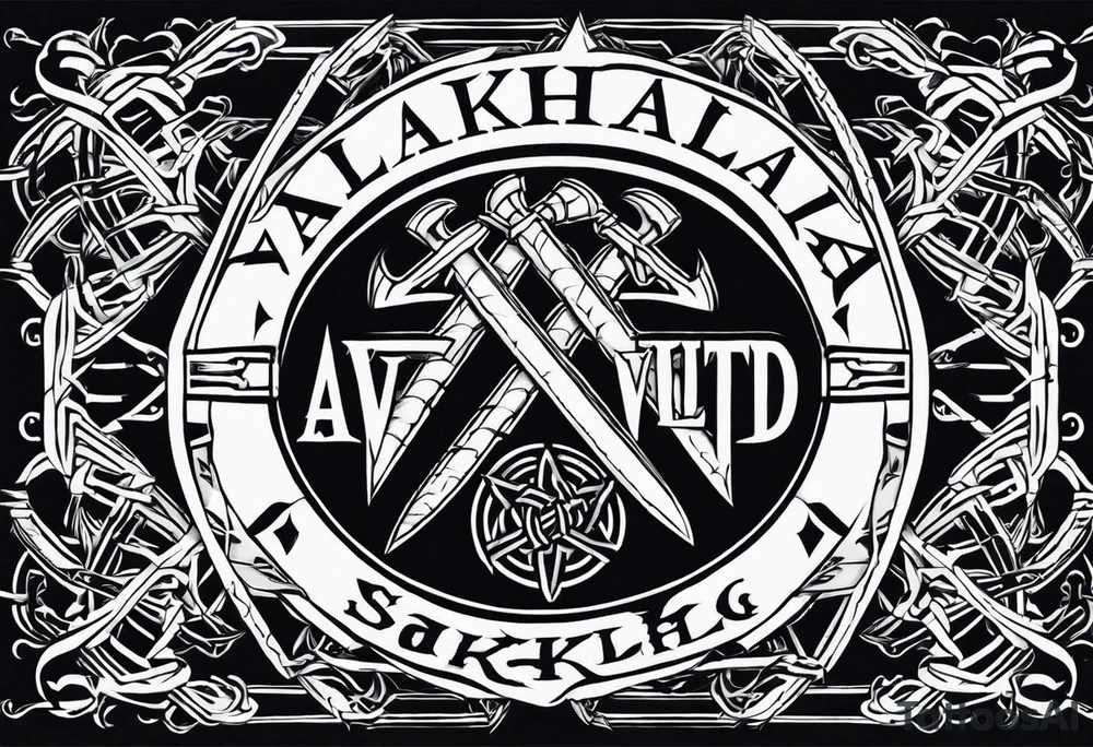 Valhalla sword round
shield axe barbed wire chains dark cloud lightning valknut tattoo idea