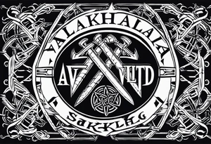 Valhalla sword round 
shield axe barbed wire chains dark cloud lightning valknut tattoo idea