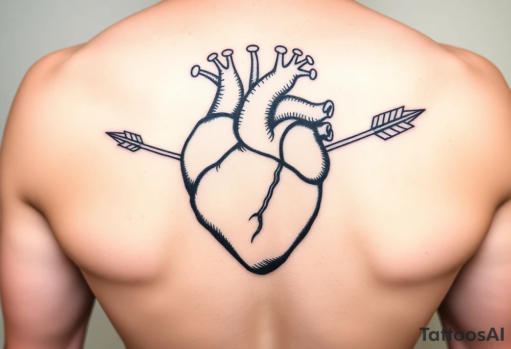 anatomical heart pierced by ornate arrow with flowing ribbons tattoo idea