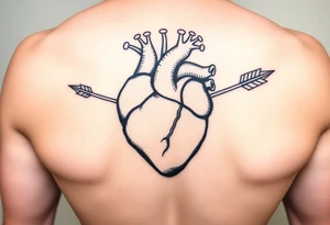 anatomical heart pierced by ornate arrow with flowing ribbons tattoo idea