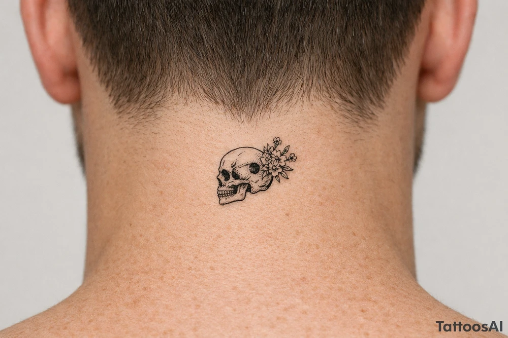 A human skull, side profile, bullet hole with wildflowers spilling from the back. tattoo idea