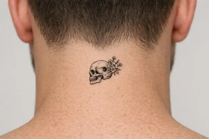 A human skull, side profile, bullet hole with wildflowers spilling from the back. tattoo idea