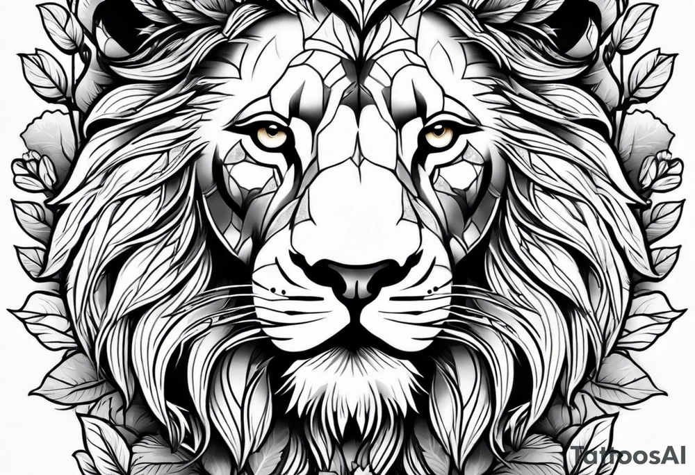 Lion face with leaves tattoo idea
