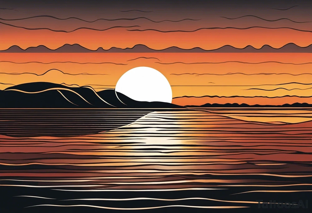Sunset from the perspective of being on a boat on the ocean. The waves are very calm and there is no land in site. There are slight reflections of the sun on the water. The tattoo will be in landscape orientation on the forearm, rought 3 inches wide and 2 inches tall. The style is incredibly minimal and simple. Mostly black with small splashes of color from the sun. tattoo idea