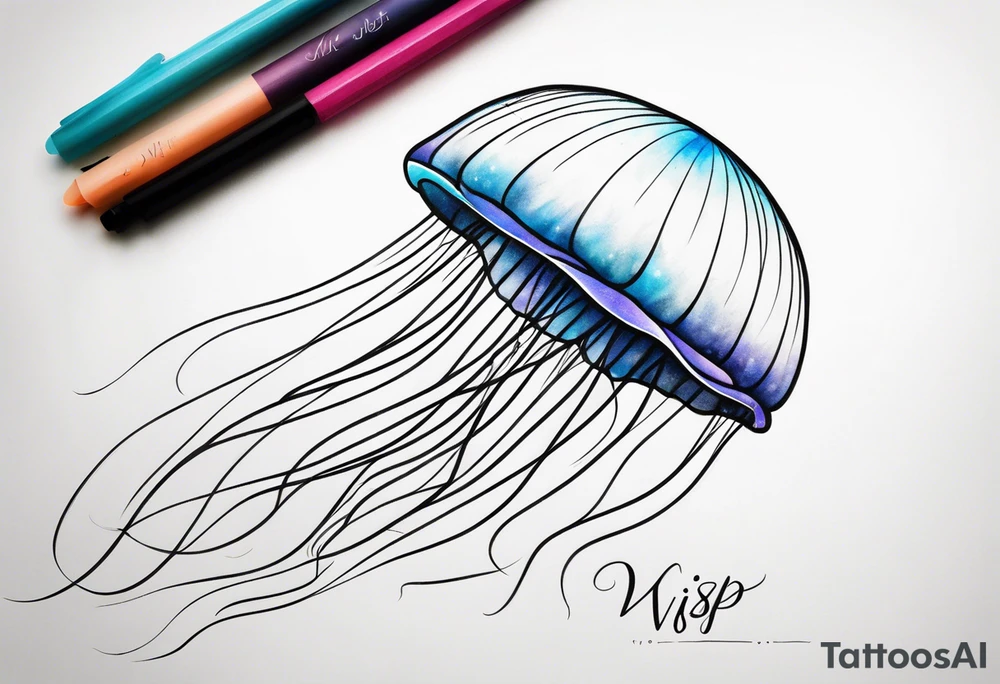 a jellyfish, with the word "Wisp" in cursive writing tattoo idea