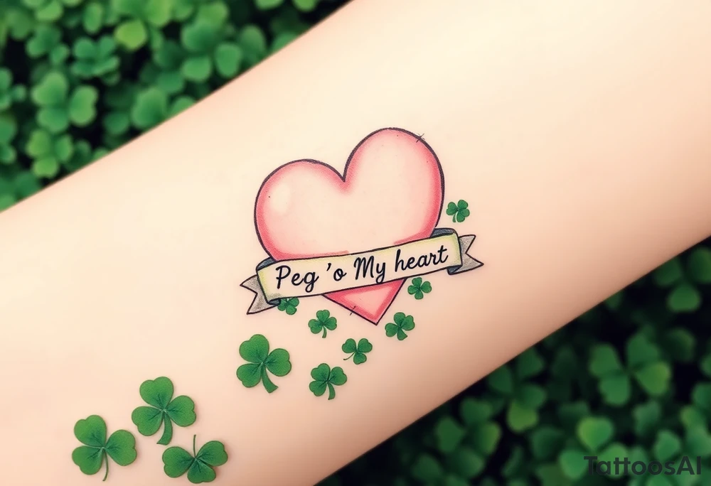 a big pale pink heart in a huge patch of green shamrocks, with a banner across the heart that says Peg 'o My Heart tattoo idea