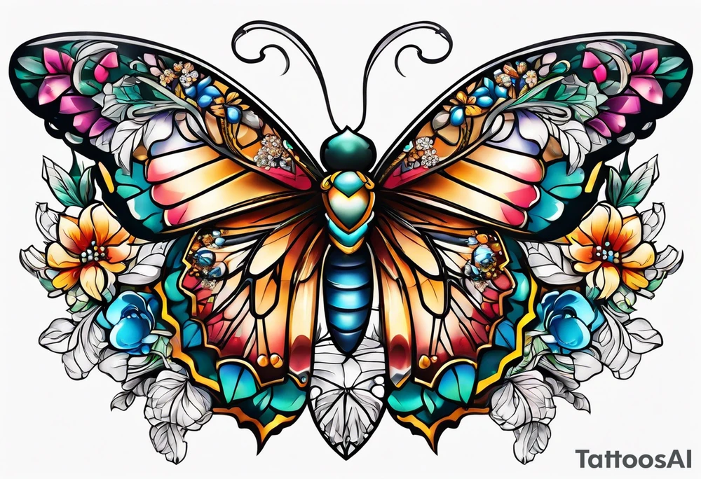 Flower chest piece, 
crystals, moth tattoo idea
