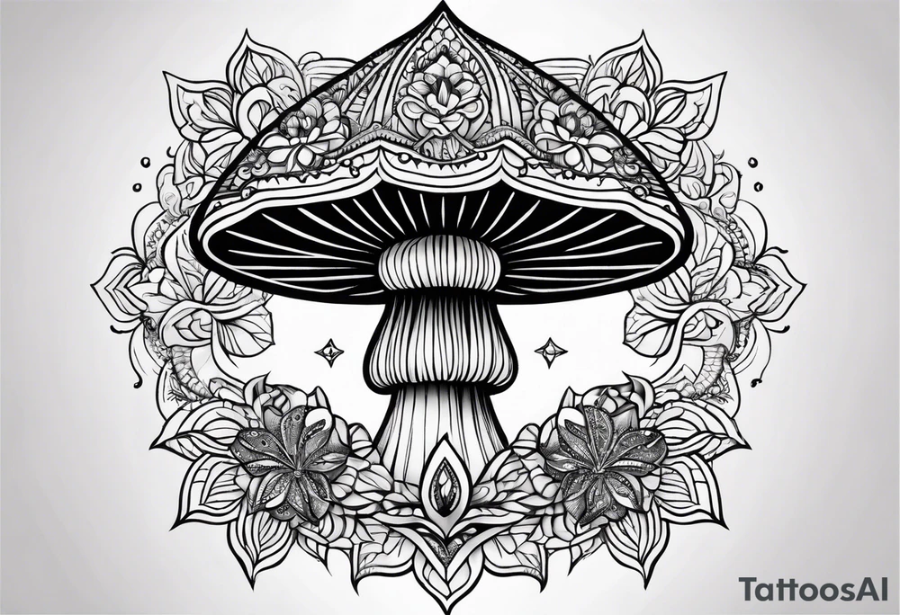 Black mushroom tattoo with henna style mandala design surrounding it tattoo idea