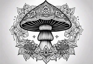 Black mushroom tattoo with henna style mandala design surrounding it tattoo idea