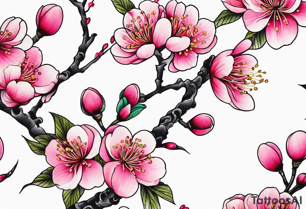 Vibrant, pink plum blossom flowers tattoo idea