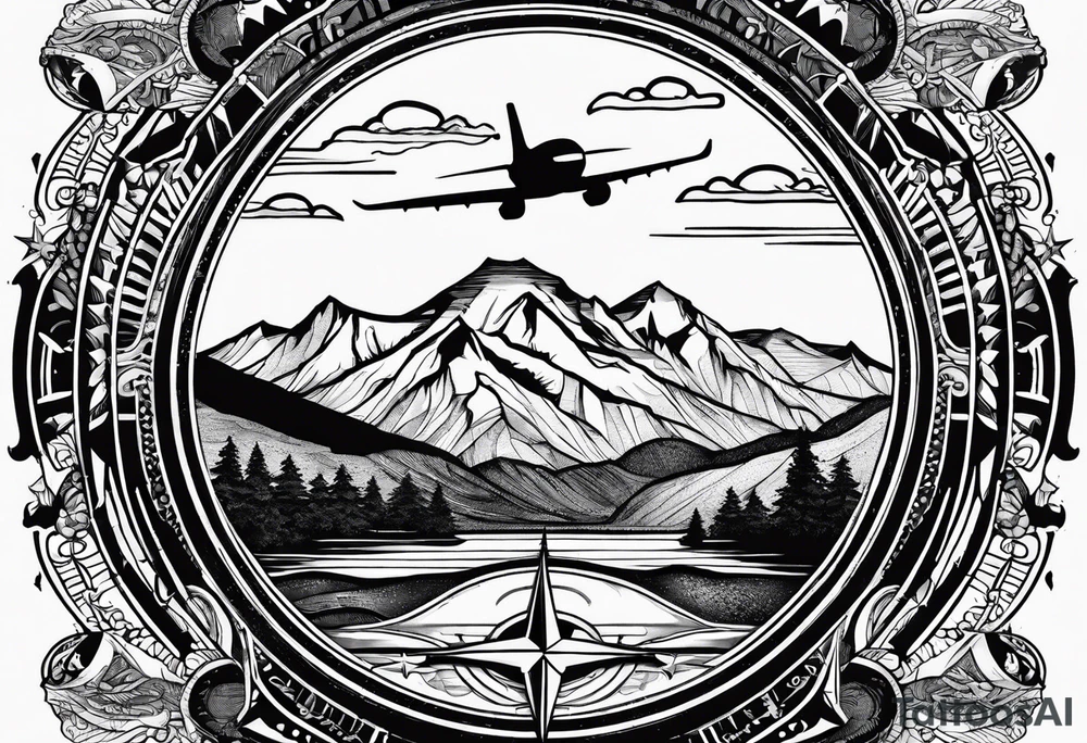 The word "HARK" as a banner with a mountain, compass and an airplane in a circular design tattoo idea