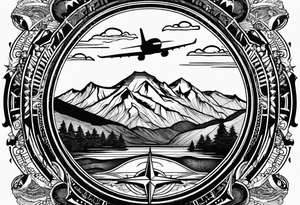 The word "HARK" as a banner with a mountain, compass and an airplane in a circular design tattoo idea