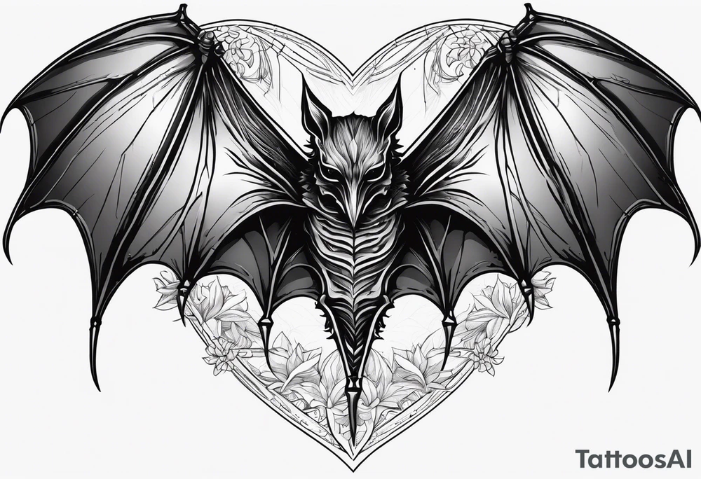 Evil bat holding a lycoris radiata, skeleton hands making heart shape around the bat, lycoris radiata accents surrounding the outside tattoo idea