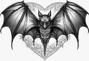 Evil bat holding a lycoris radiata, skeleton hands making heart shape around the bat, lycoris radiata accents surrounding the outside tattoo idea