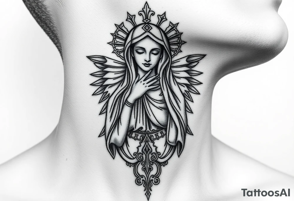 russian christian virgin mary neck design front facing tattoo idea