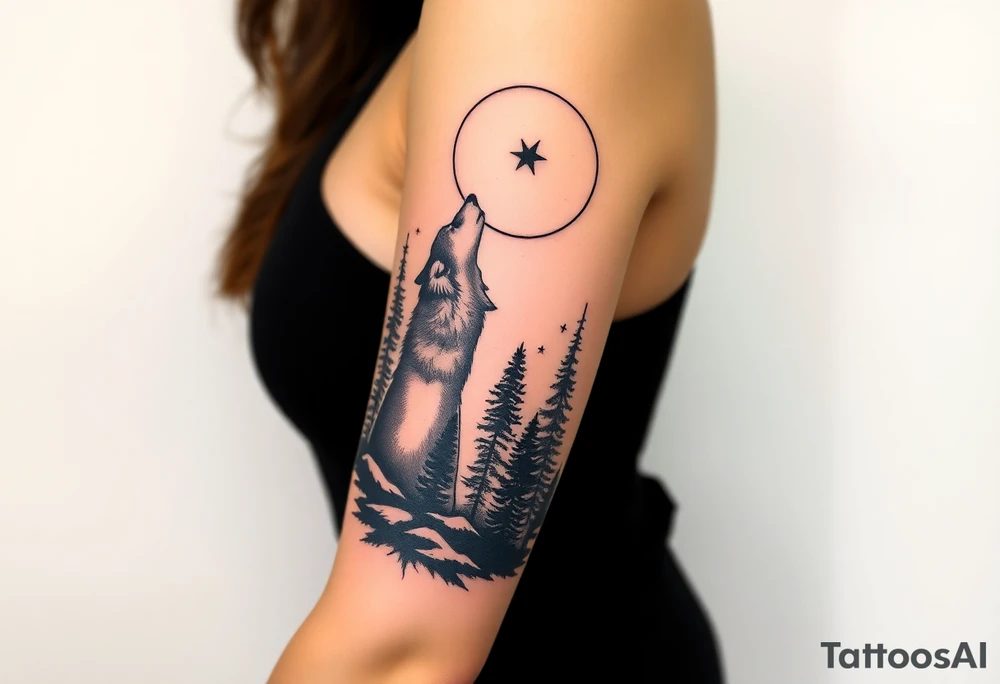 Lone wolf howling at the moon in the forest in the night Columba star tattoo idea