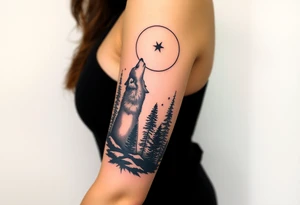 Lone wolf howling at the moon in the forest in the night Columba star tattoo idea