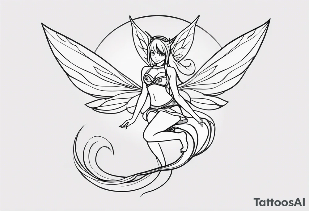 A fairy with a tail inspired by the logo of the show called Fairy Tail leaning in with her body tattoo idea