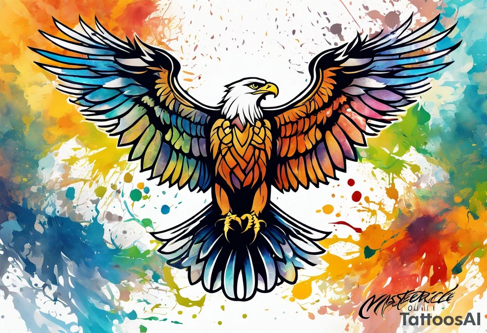 Simple celtic Eagle with wings spread upwards. Colourful background, splashes on colour tattoo idea