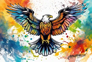 Simple celtic Eagle with wings spread upwards. Colourful background, splashes on colour tattoo idea