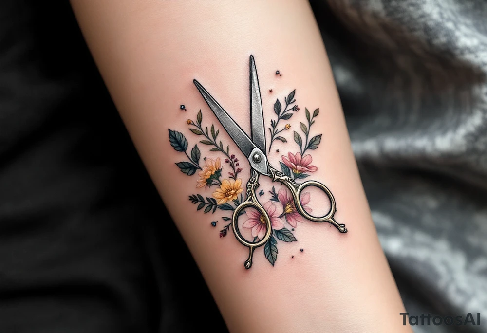 Classic Vintage Scissors Tattoo – Detailed silver vintage scissors with ornate handles, shaded in gray and black for a timeless, elegant look, surrounded by soft floral accents in muted pinks and yellows. tattoo idea