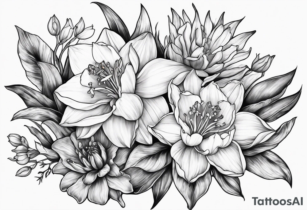 Intertwined daffodil, larkspur, and water lily tattoo idea