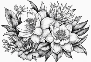 Intertwined daffodil, larkspur, and water lily tattoo idea