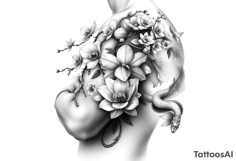 Orchid or cherry blossom tree and lotus and snake and angels on a woman tattoo idea