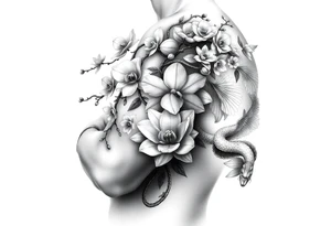 Orchid or cherry blossom tree and lotus and snake and angels on a woman tattoo idea