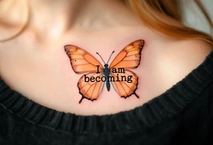 “I am becoming” in sepia brown typewriter font, paired with a butterfly in warm amber tones. tattoo idea